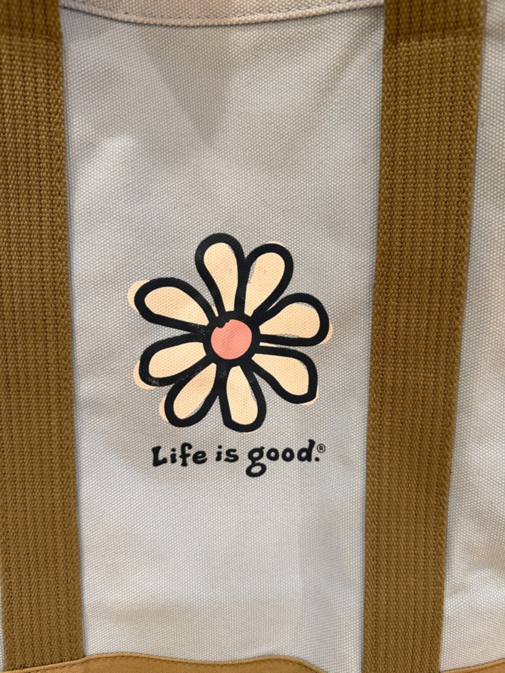 Life Is Good Light Blue Canvas Tote with Olive Straps and Pink Daisy - Picture 2 of 8